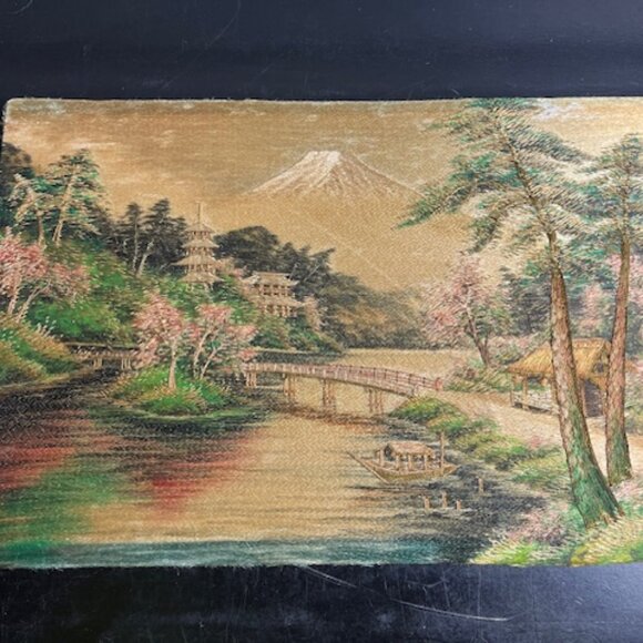 Vintage, Antique Japanese Silk Embroidery, Hand Stitched 14.25 x 9.5" Mt Fuji